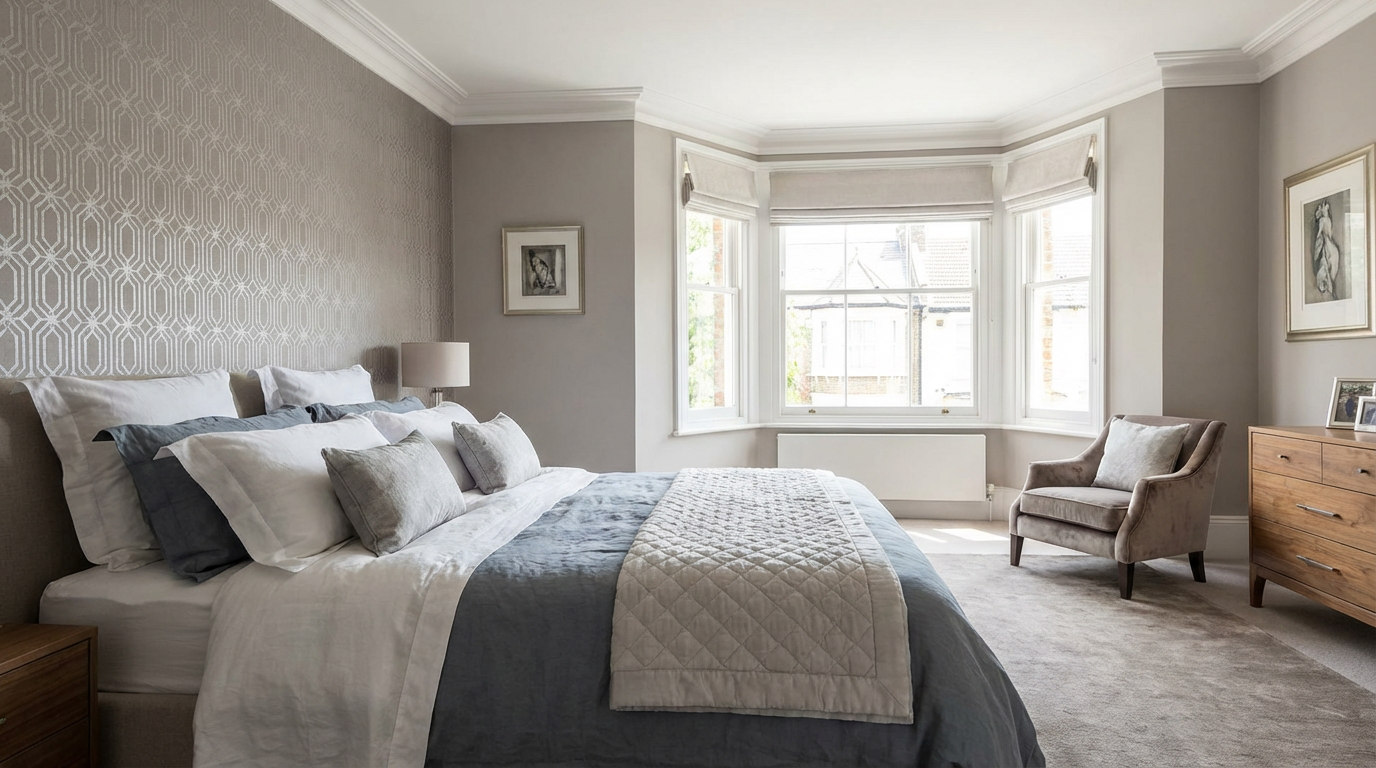 Elegant bedroom with feature wallpaper